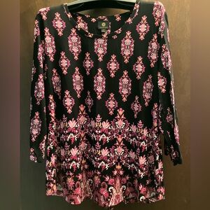 JM Collection Tunic Top Floral Pattern Size Petite Large Black Pink White NWT